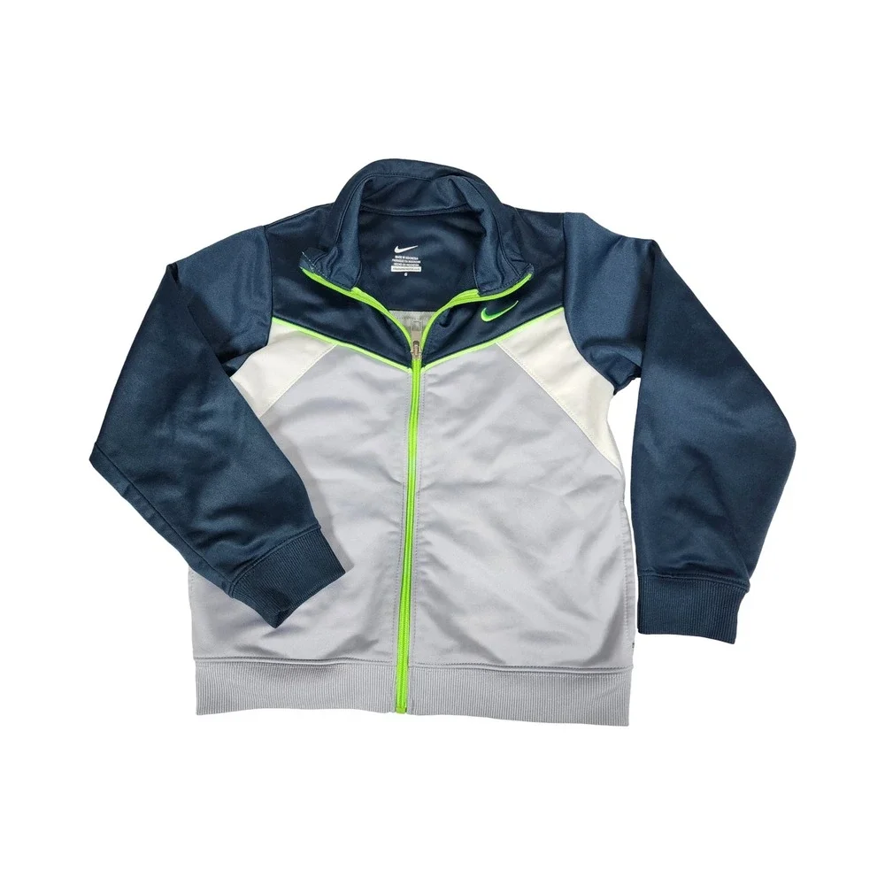Nike‎ Boys Track Jacket Size 6 Navy Grey Lime Green Full Zip Colorblock Active